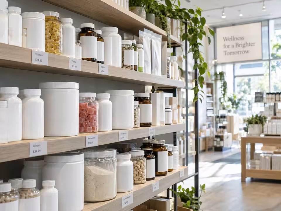 Supplement products displayed in a retail setting